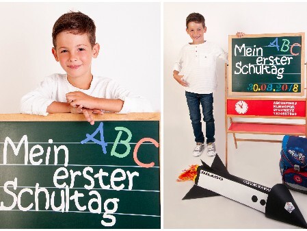Fotoshooting, Einschulung, Tafel, junge mit Schultüte